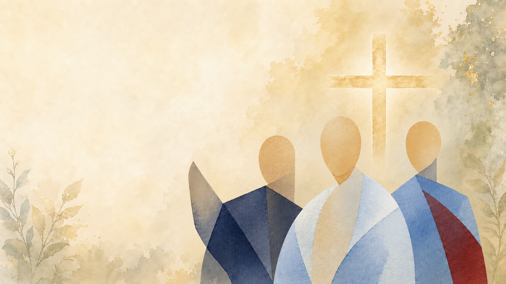 Abstract illustration of three Sunday service leaders beneath a cross